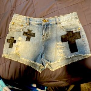 MINE, Sz L, vegan leather black crosses, distressed, shorts